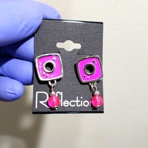 Women's Purple Silver-tone  Square Design & Pink Bead Drop Dangle Earrings